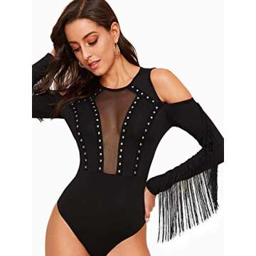 SweatyRocks Women's Cold Shoulder Fringe Long Sleeve Sheer Mesh Jumpsuit Bodysuit Black XS