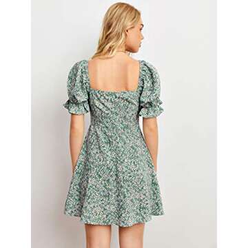Verdusa Women's Milkmaid Dresses Floral Puff Short Sleeve Ruched A Line V Neck Ruffle Mini Short Dress Green L