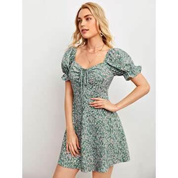 Verdusa Women's Milkmaid Dresses Floral Puff Short Sleeve Ruched A Line V Neck Ruffle Mini Short Dress Green L