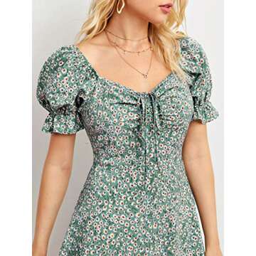 Verdusa Women's Milkmaid Dresses Floral Puff Short Sleeve Ruched A Line V Neck Ruffle Mini Short Dress Green L