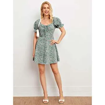 Verdusa Women's Milkmaid Dresses Floral Puff Short Sleeve Ruched A Line V Neck Ruffle Mini Short Dress Green L