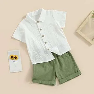 Toddler Baby Boy Summer Outfit Cotton Linen Short Sleeve Button Down Shirt Elastic Waist Shorts 2Pcs...