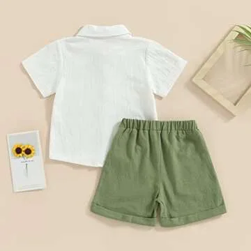 Toddler Baby Boy Summer Outfit Cotton Linen Short Sleeve Button Down Shirt Elastic Waist Shorts 2Pcs Casual Clothes (White, 12-18 Months)