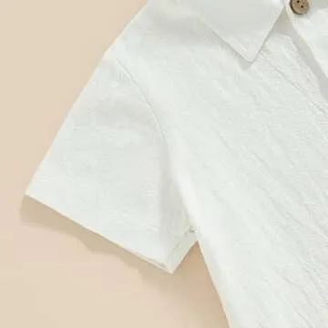 Toddler Baby Boy Summer Outfit Cotton Linen Short Sleeve Button Down Shirt Elastic Waist Shorts 2Pcs Casual Clothes (White, 12-18 Months)