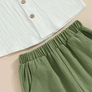 Toddler Baby Boy Summer Outfit Cotton Linen Short Sleeve Button Down Shirt Elastic Waist Shorts 2Pcs Casual Clothes (White, 12-18 Months)