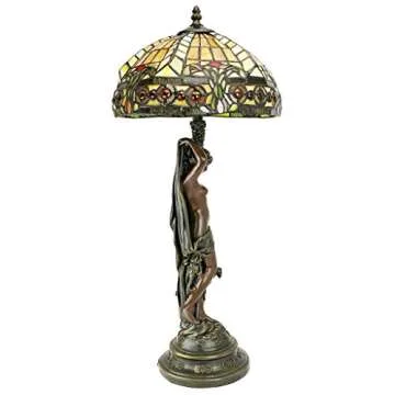 Design Toscano Lucina Patroness of Light Woman Stained Glass Lamp Figurine Statue, 11 inches wide, 26 inches tall, Handcast Polyresin, Green Bronze Finish