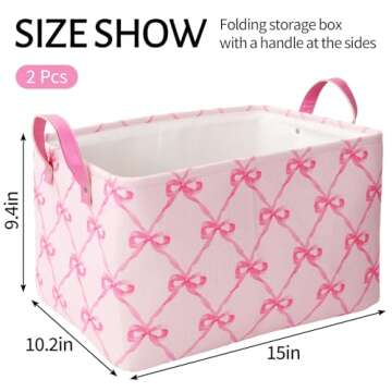 FYSUIMU 2Pcs Pink Bow Storage Basket Pink Storage Bin with Handle Large Fabric Storage Box for Home Office Organizer Decor