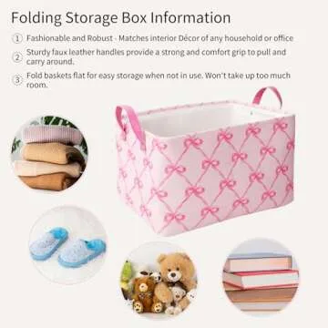 FYSUIMU 2Pcs Pink Bow Storage Basket Pink Storage Bin with Handle Large Fabric Storage Box for Home Office Organizer Decor