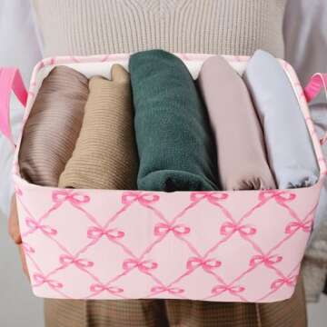FYSUIMU 2Pcs Pink Bow Storage Basket Pink Storage Bin with Handle Large Fabric Storage Box for Home Office Organizer Decor