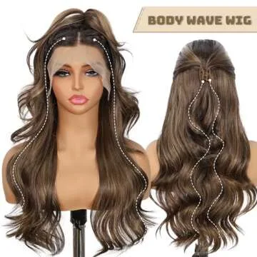 BABEHERS Brown Synthetic Lace Front Wig 13x4 Pre Plucked Highlight Body Wave Lace Front Wig for Wome...