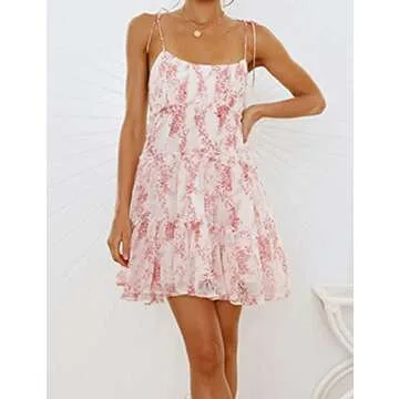 Mansy Womens 2025 Summer Floral Mini Dress Boho Flowy Skater Dresses Short Sleeveless Ruffle Spaghetti Strap Dress Pink Flower