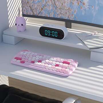 UBOTIE Bluetooth Wireless Keyboards, Colorful Cute Cat Deisgn Office Keyboards, Portable Slim Compact Size for Laptop, Tablet, Smart Phones(Pink-Colorful)