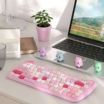 UBOTIE Bluetooth Wireless Keyboards, Colorful Cute Cat Deisgn Office Keyboards, Portable Slim Compact Size for Laptop, Tablet, Smart Phones(Pink-Colorful)