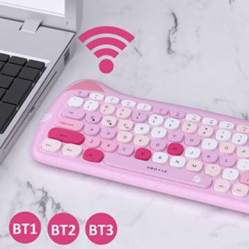 UBOTIE Bluetooth Wireless Keyboards, Colorful Cute Cat Deisgn Office Keyboards, Portable Slim Compact Size for Laptop, Tablet, Smart Phones(Pink-Colorful)