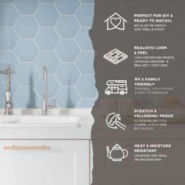 Avant Decor | 30 Tiles | Stone Composite Hexagon Solid Color | Peel and Stick Kitchen Backsplash Tiles | Stick On Wall Tiles | Easy DIY Installation | 6” x 6.9”