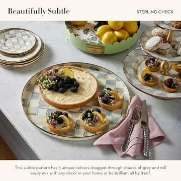 MACKENZIE-CHILDS Enamel Round Tray, Unique Serving Platter for Food and Drinks, Grey-and-White Sterling Check