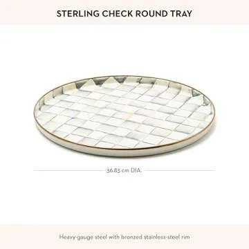 MACKENZIE-CHILDS Enamel Round Tray, Unique Serving Platter for Food and Drinks, Grey-and-White Sterling Check