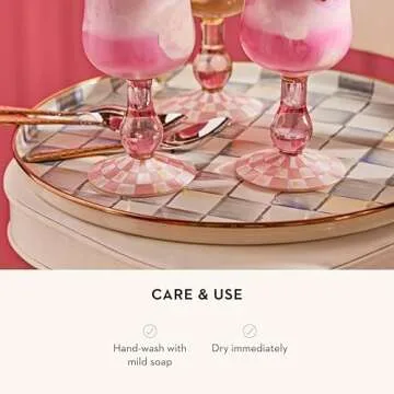 MACKENZIE-CHILDS Enamel Round Tray, Unique Serving Platter for Food and Drinks, Grey-and-White Sterling Check