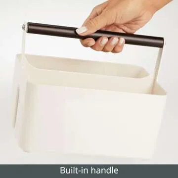 mDesign Plastic Shower Caddy Storage Organizer Utility Tote, Divided Basket Bin - Metal Handle for Bathroom, Dorm, Kitchen, Holds Soap, Shampoo, Conditioner - Aura Collection - Cream/Bronze