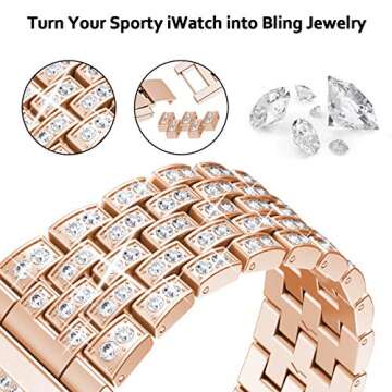 beuxece Bling Band Compatible Apple Watch with Case 38 40 42 41 45mm iWatch Series 3 4 5 6 7 8 9 SE, Metal Jewelry Rhinestone Diamond Bracelet Wristband Strap Replacement for Women, RoseGold(38mm)