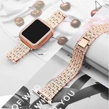 beuxece Bling Band Compatible Apple Watch with Case 38 40 42 41 45mm iWatch Series 3 4 5 6 7 8 9 SE, Metal Jewelry Rhinestone Diamond Bracelet Wristband Strap Replacement for Women, RoseGold(38mm)