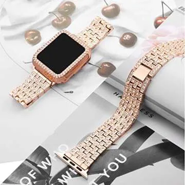 beuxece Bling Band Compatible Apple Watch with Case 38 40 42 41 45mm iWatch Series 3 4 5 6 7 8 9 SE, Metal Jewelry Rhinestone Diamond Bracelet Wristband Strap Replacement for Women, RoseGold(38mm)