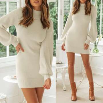 ZESICA Women's Casual Turtleneck Long Puff Sleeve Soft Fuzzy Knit Bodycon Pullover Mini Sweater Dress,Apricot,Small