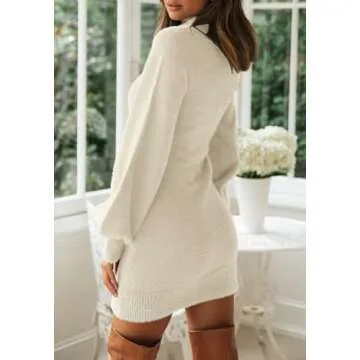 ZESICA Women's Casual Turtleneck Long Puff Sleeve Soft Fuzzy Knit Bodycon Pullover Mini Sweater Dress,Apricot,Small