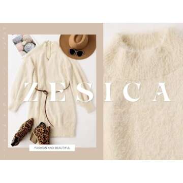ZESICA Women's Casual Turtleneck Long Puff Sleeve Soft Fuzzy Knit Bodycon Pullover Mini Sweater Dress,Apricot,Small