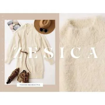 ZESICA Women's Casual Turtleneck Long Puff Sleeve Soft Fuzzy Knit Bodycon Pullover Mini Sweater Dress,Apricot,Small