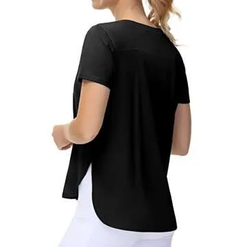 THE GYM PEOPLE Women's Workout T-Shirts Loose Fit Short Sleeve Cotton Running Basic Tee Tops with Split Hem Black