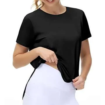 THE GYM PEOPLE Women's Workout T-Shirts Loose Fit Short Sleeve Cotton Running Basic Tee Tops with Split Hem Black