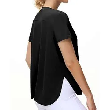 THE GYM PEOPLE Women's Workout T-Shirts Loose Fit Short Sleeve Cotton Running Basic Tee Tops with Split Hem Black