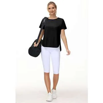 THE GYM PEOPLE Women's Workout T-Shirts Loose Fit Short Sleeve Cotton Running Basic Tee Tops with Split Hem Black