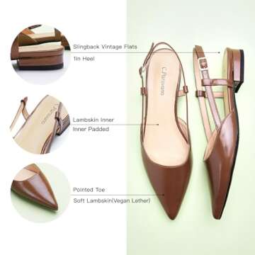 C.Paravano Women's Slingback Flats Pointed Toe Slingback Flats for Women Slingback Flats for Women Slingback Sandals Adjustable Ankle Strap Shoes(Size 7.5,Brown)