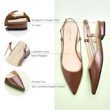 C.Paravano Women's Slingback Flats Pointed Toe Slingback Flats for Women Slingback Flats for Women Slingback Sandals Adjustable Ankle Strap Shoes(Size 7.5,Brown)