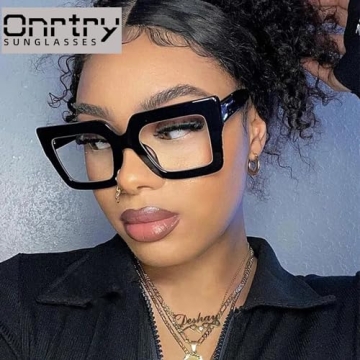 Onrtry Oversized Square Blue Light Glasses for Women Men Thick Frame Big Computer Eyewear Non-Prescription Eyeglasses(Bright Black)