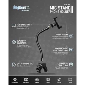 Angksorm KBC1417 Heavy-Duty Adjustable Gooseneck Phone Holder with Super Clamp - Universal Fit for M...