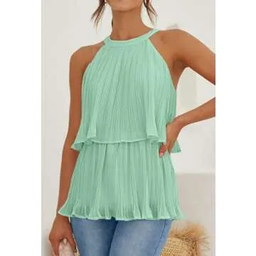 ZESICA Women's Summer Halter Tank Tops Casual Sleeveless Ruffle Tiered Layered Chiffon Flowy Blouse ...