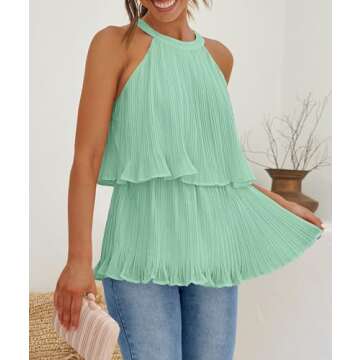 ZESICA Women's Summer Halter Tank Tops Casual Sleeveless Ruffle Tiered Layered Chiffon Flowy Blouse Shirts,Light Green,X-Large