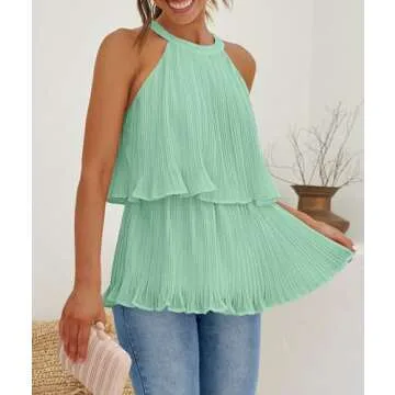 ZESICA Women's Summer Halter Tank Tops Casual Sleeveless Ruffle Tiered Layered Chiffon Flowy Blouse Shirts,Light Green,X-Large