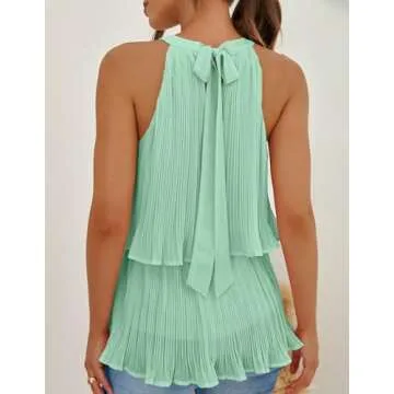 ZESICA Women's Summer Halter Tank Tops Casual Sleeveless Ruffle Tiered Layered Chiffon Flowy Blouse Shirts,Light Green,X-Large