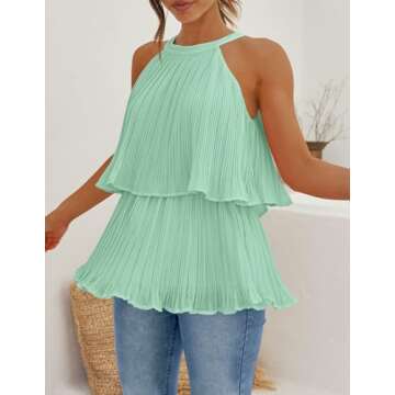 ZESICA Women's Summer Halter Tank Tops Casual Sleeveless Ruffle Tiered Layered Chiffon Flowy Blouse Shirts,Light Green,X-Large