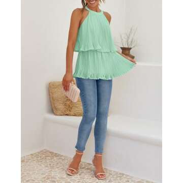 ZESICA Women's Summer Halter Tank Tops Casual Sleeveless Ruffle Tiered Layered Chiffon Flowy Blouse Shirts,Light Green,X-Large