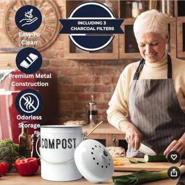 Granrosi Countertop Compost Bin Kitchen - 1.3 Gal Indoor Compost Bucket with Lid for Kitchen; Farmhouse Rust Proof & Odorless Composter Bin for Countertop; 3 Charcoal Filters