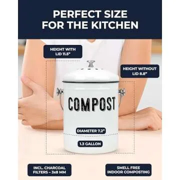 Granrosi Countertop Compost Bin Kitchen - 1.3 Gal Indoor Compost Bucket with Lid for Kitchen; Farmhouse Rust Proof & Odorless Composter Bin for Countertop; 3 Charcoal Filters