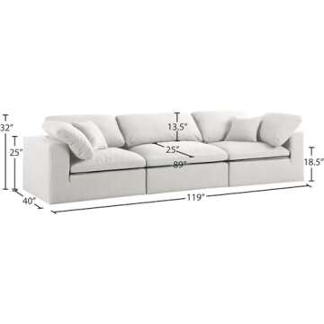 Meridian Furniture 601Cream-S119 Serene Collection Modern | Contemporary Deluxe Comfort Modular Sofa, Soft Linen Textured Fabric, Down Cushions, 119" W x 40" D x 32" H, Cream