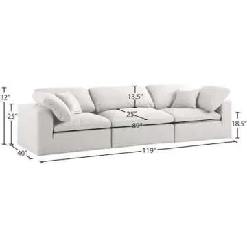 Meridian Furniture 601Cream-S119 Serene Collection Modern | Contemporary Deluxe Comfort Modular Sofa, Soft Linen Textured Fabric, Down Cushions, 119" W x 40" D x 32" H, Cream