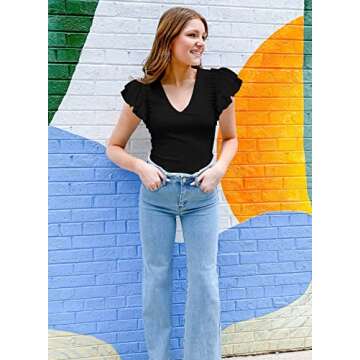 DOROSE Womens Summer Tops Sexy V Neck Casual Ruffle Short Sleeve Shirts Blouses
