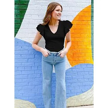 DOROSE Womens Summer Tops Sexy V Neck Casual Ruffle Short Sleeve Shirts Blouses